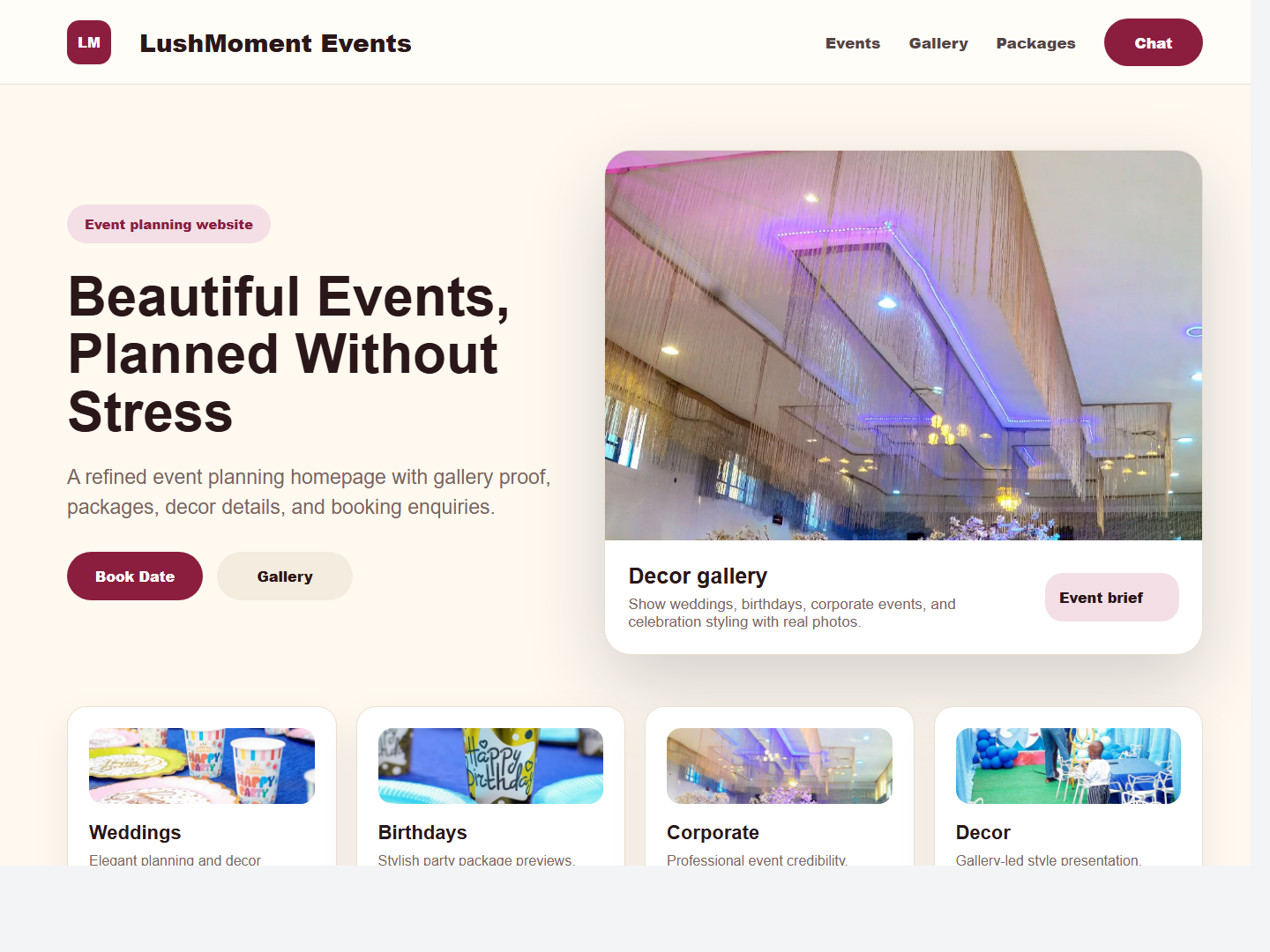Event planner website preview